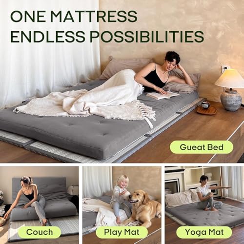 Image of ZonLi Japanese Floor Futon Mattress Twin Size 75 inchx 39 inch, 100% Cotton Cover 4'' Thicken Tatami Mattress, Foldable Sleeping Pad, Portable Dormitory Tatami Mat, Roll Up Floor Lounger Bed for Adult (Grey)