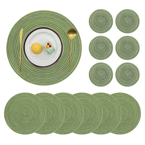 Pauwer Conjunto de 6 toalhas de mesa individuais redondas e porta-copos, antiderrapantes, resistentes ao calor, cor verde