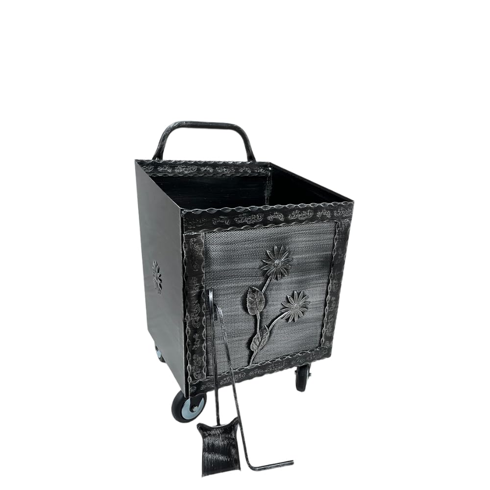 PEGORARO ANGELO Carrello portalegna portapellet Piccolo con ruote decoro Margherita spazzolato Rame e spazzolato Grigio (SPAZZOLATO GRIGIO)