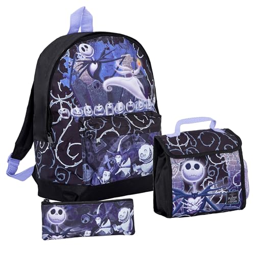 Disney Mochila The Nightmare Before Christmas + lancheira + estojo de lápis Jack Skellington conjunto de 3 peças para crianças e adultos, Preto, One Size, Backpacl