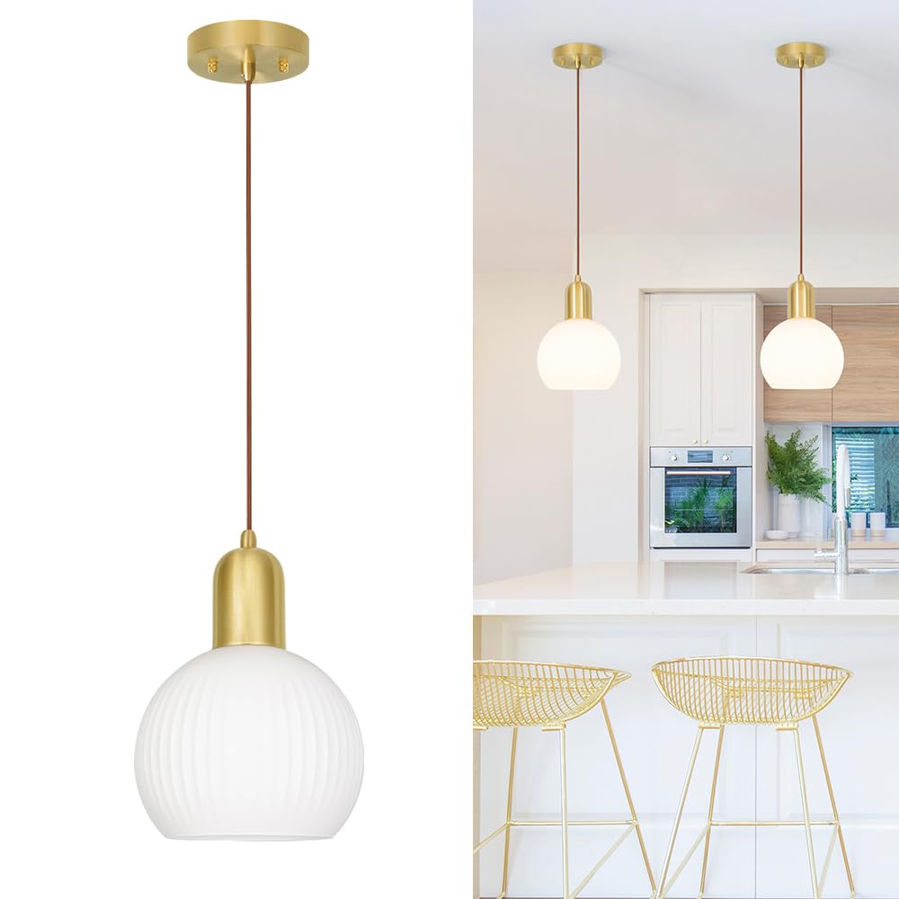 Mid Century Pendant Light with White Striped Glass, Ribbed Pendant Lighting, Brass Gold Kitchen Island Light, Globe Pendant Light Fixture, Adjustable