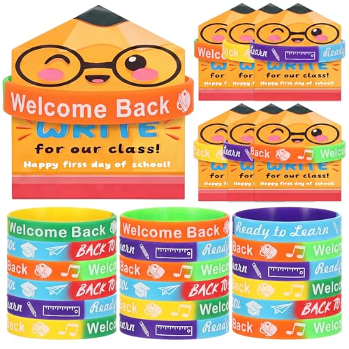 Regalo de regreso a clases con pulseras de goma y tarjetas de lápiz