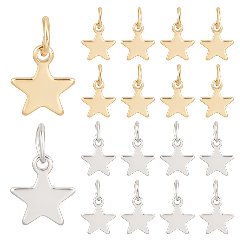 CRAFTYMELODY 60Pcs 2 Colors 304 Stainless Steel Star Charms 18K Gold Plated Five-pointed Star Dangle Metal Pendant with 60pcs Jump Rings for Jewelry Making Necklaces Earrings Bracelet DIY Crafts