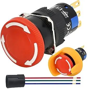 16mm Hole Emergency Stop Push Button Switch ON Off Switch Self-Locking Red Mushroom Cap Scram Button 5A 3PIN and Waterproof Protection Cover K16-811 SPDT (K16-811-G1)