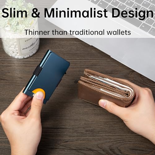 Image of Slim Card Holder Wallet for Men, Minimalist RFID Blocking Pop Up Wallet, Smart Metal Business Card Case Holds 12 Cards, Ultra-Thin Front Pocket Wallet, Gifts for Men
