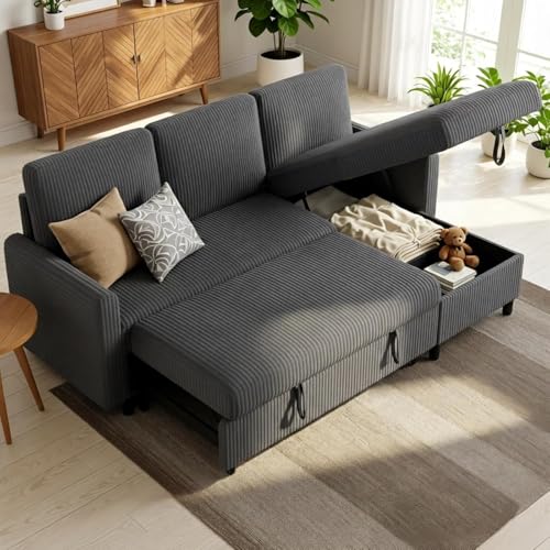JAMFLY Pull Out Sleeper Sofa Bed with Storage Chaise, L-Shaped Corduroy Sectional Couch, 3-Seater Convertible Sofa with Hidden Storage for Small Living Room, Apartment, Office, Grey