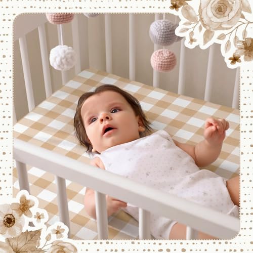 Image of Peryiter 2 Pack Gingham Crib Sheets for Girls Boys Khaki Checkered Bed Sheet Set Fitted 52'' x 28 inch for Standard Crib Mattress Stretchable Soft Toddler Aesthetic Nursery Decor
