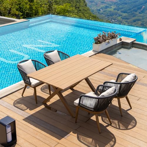 Image of PURPLE LEAF 5 Pieces Patio Dining Set Wicker Outdoor Furniture Rectangular Table and Chairs Set for Garden Deck Teak-Finish Aluminum Frame Backyard Kitchen Set, Cushions and Pillows Included