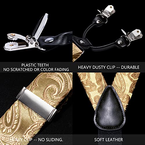 Image of Barry.Wang Men Suspender Set with Necktie Elastic Y Type Heavy Duty 6 Clips Braces Tie Handkerchief Cufflink Pin 6PCS