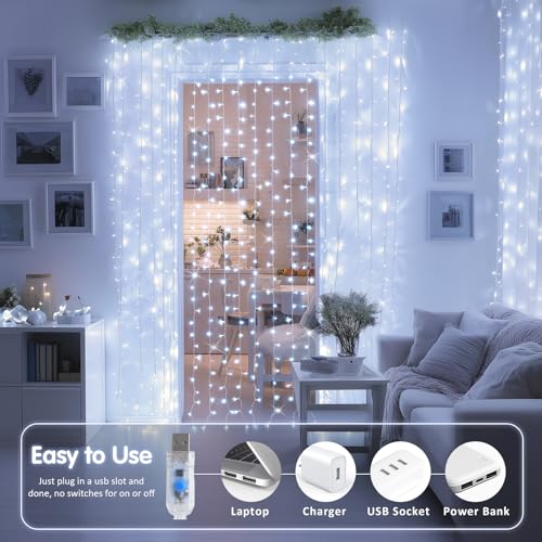 Image of JMEXSUSS 200 LED White Curtain Lights, USB Powered, 6.5ft x 6.5ft | White Christmas Lights with Remote, 8 Modes Hanging String Lights for Bedroom Wall Wedding Party Backdrop Window Decor