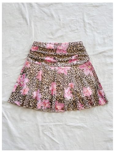 SOLY HUX Women's Leopard Floral Mesh Mini Skirt Y2k Ruched A Line Flared Summer Skirts2