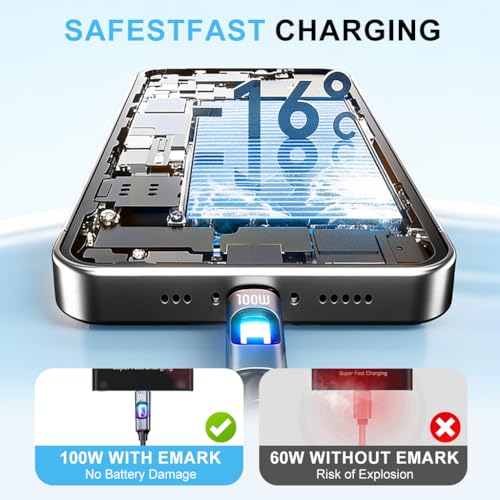 Image of Verilux PD 100W Type C Cable Fast Charging with Breathing Light, 5.9Ft /1.8M C Type Charger Cable Nylon Braid with 480Mbps Data Sync for iPhone 17 /17 Pro /17 Pro Max /16 /15, Galaxy S25 /S24 /S23, Black