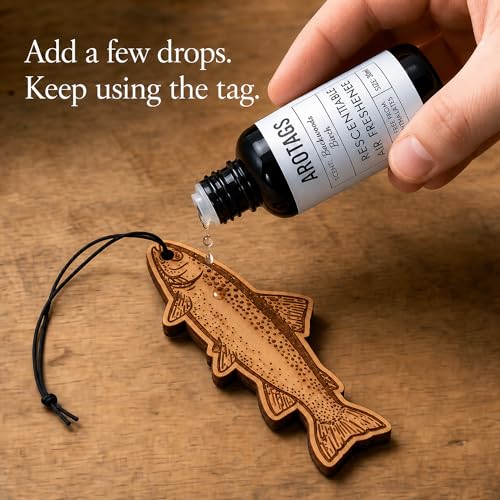 Image of Arotags Trout Car Air Freshener Kit, Reusable Wood Hanging Diffuser with 30 mL Backwoods Birch Fragrance Oil, Fishing Car & Truck Accessory