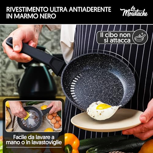 La Moustache - Batteria di Pentole【8 Pezzi】a Induzione in Alluminio con Antiaderente, Set di 3 Casseruole Ø 16/20/24 cm, 3 Coperchi e 2 Padelle Ø 20/24 cm, Manici in Bakelite (Onix) - immagine 4