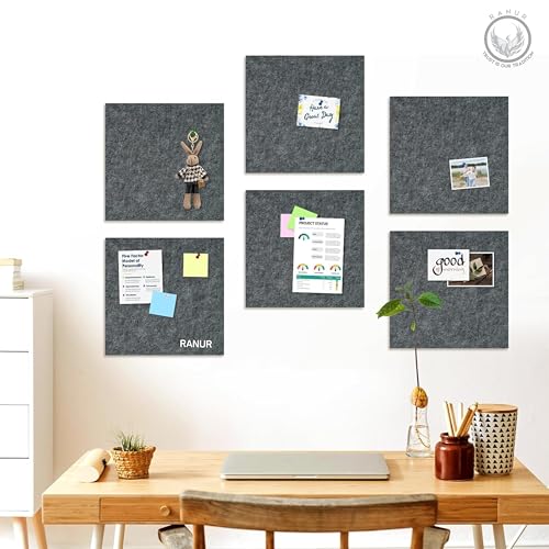 Image of RANUR 6 Pcs Felt Bulletin Board (30x30 cm) Self Adhesive Notice Boards with 50 Pins, Vision Board for Manifestation, Message Board for Notes, Photos, Office & Home Wall Decor (Grey)
