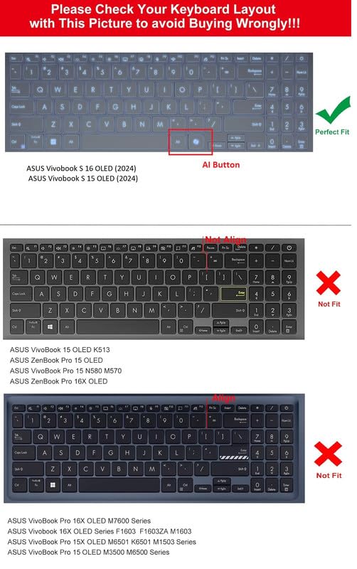 Image of Saco Keyboard Cover Compatible for 2024 ASUS Vivobook S16 OLED S5606MA | ASUS Vivobook S15 OLED S5506 S5507QA Series AI Button Model Laptops - Transparent