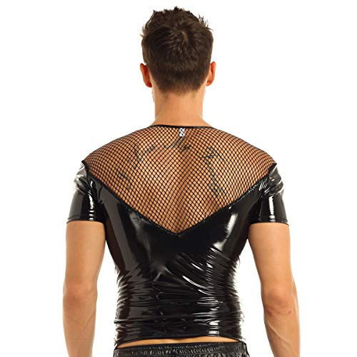 FEESHOW Herren Transparent Lack Leder Mesh Patchwork Shirt Wetlook Muskelshirt Tank Tops Schnürung Design Sexy Clubwear… – Bild 4