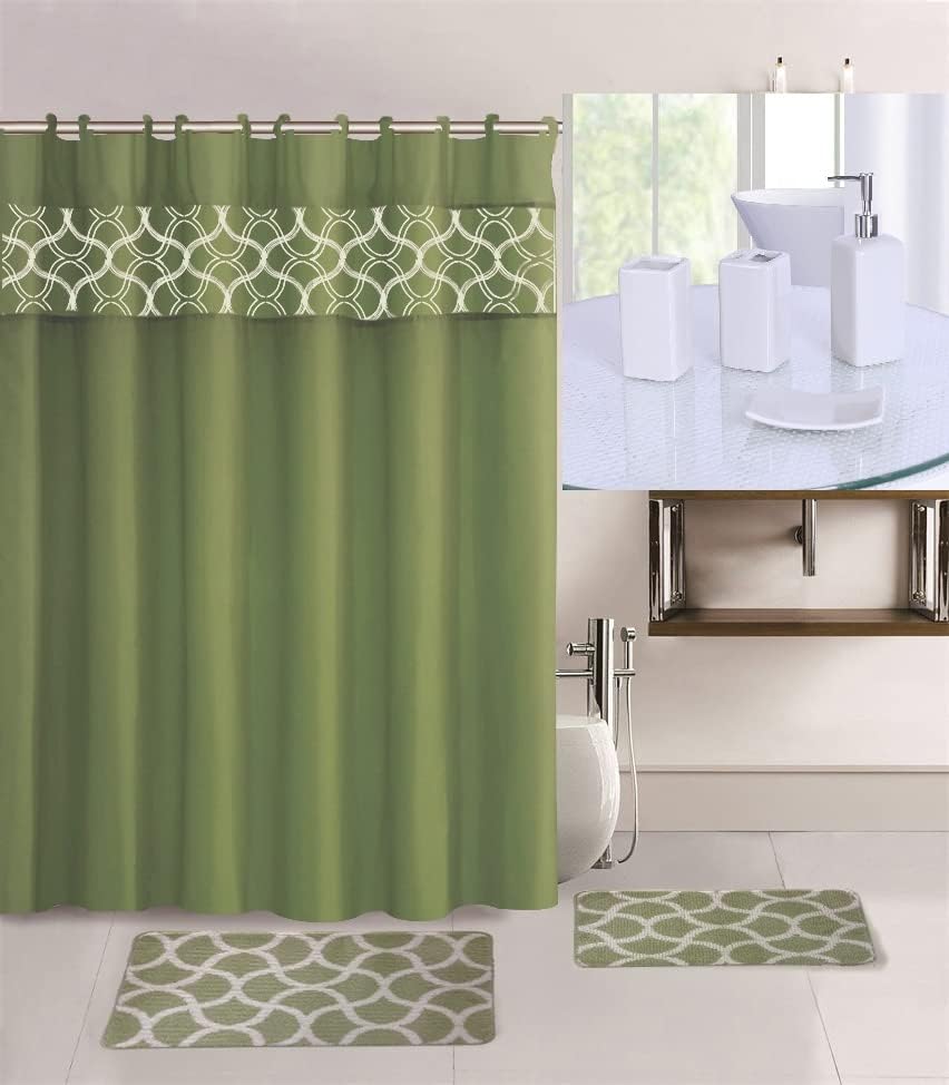 Gorgeous Home Linen - Juego completo de 8 alfombrillas de baño, cortina de ducha y accesorios de cerámica blanca (oro miel)