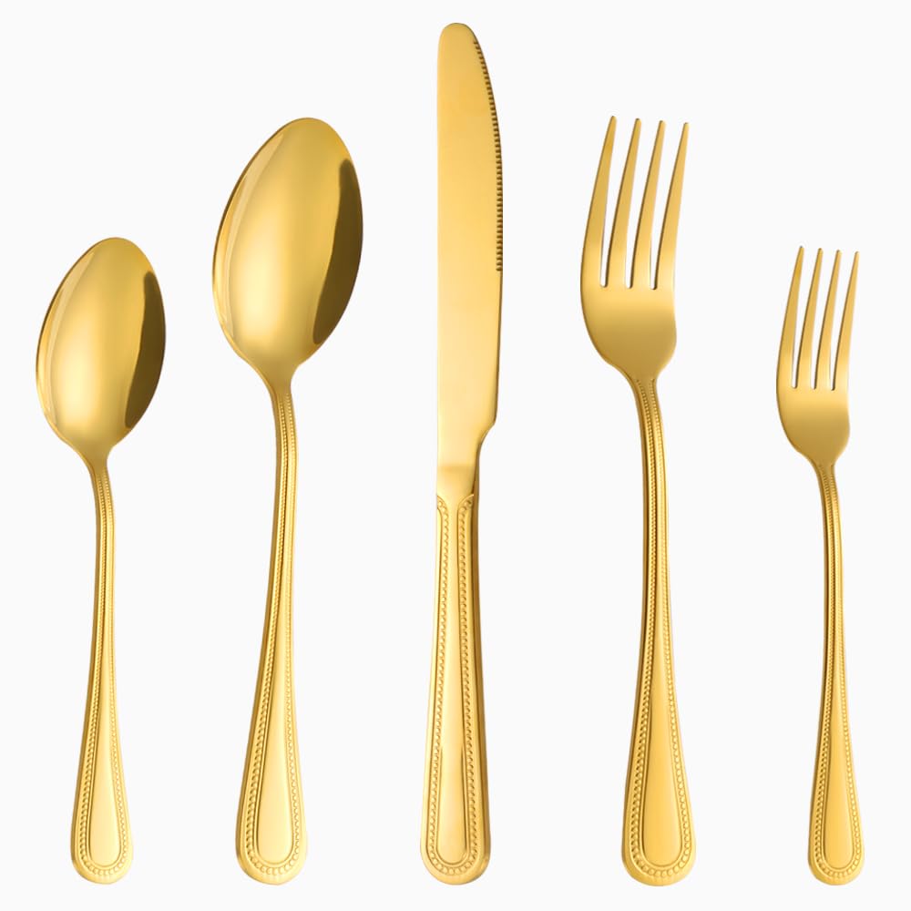 40 Pcs Gold Silverware Set for 8 with Pearled Edge Handle design, Food Grade Stainless Steel Flatware Set, Eating Utensils Sets Include Fork/Knife/