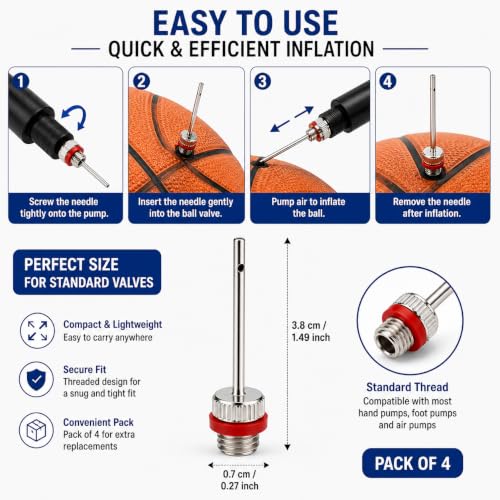 Image of Stainless Steel Inflating Pump Needle Pin Nozzle - Air Valve Adaptor for Soccer, Basketball, Football & Volleyball (Pack of 4)
