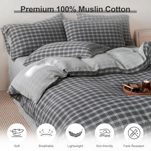 Image of EAVD Vintage Grey Buffalo Plaid Duvet Cover Twin Soft 100% Cotton Muslin Retro Black White Grid Checkered Bedding Set with 2 Pillowcases Reversible Gingham Duvet Cover with Zipper