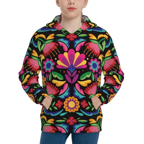 Colorful Floral Embroidery Mexican Kids Pullover Hoodies Boys Sweatshirts Girls Athletic Clothes with Pocket