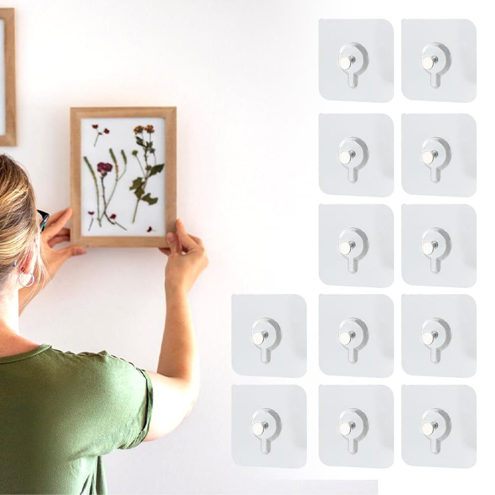 Kruggo Ganchos adhesivos sin taladro, ganchos de pared para colgar fotos, sin clavos, ganchos de pared adhesivos para cocina, baño, hogar (12 unidades, 2.36 x 2.36 pulgadas)