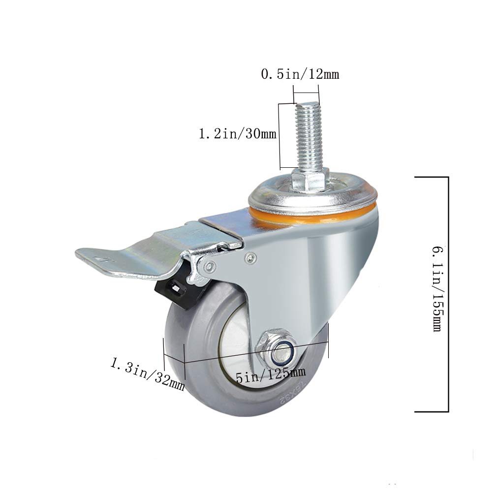 Rotelle Girevoli M12 Vite Rotelle in Gomma 3" 4" 5" Rotelle per Mobili Carico 520kg Rotelle per Carichi Pesanti con Freni Carrello Industriale Rullo di Trasporto 4 Pezzi