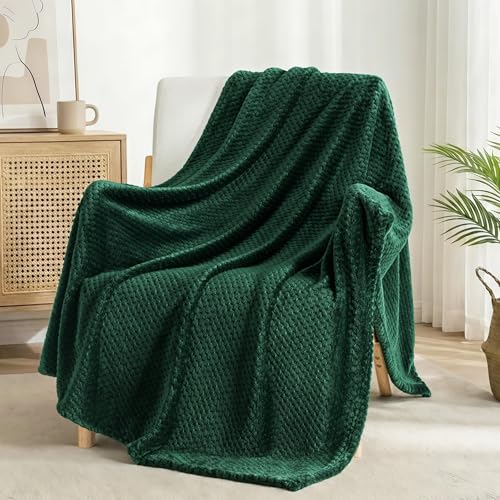 Exclusivo Mezcla Decke Kuscheldecke Flauschig Fleecedecke Wohndecke mit Waffelmuster, Leichte, Weiche & Warme Sofadecke Bettüberwurf, 130x170 cm Dunkelgrün