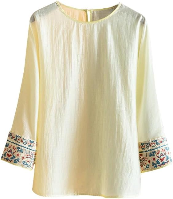Women's Jacquard National Style Blouse Summer White Cuff Embroidered Long Sleeve Loose Fit Top