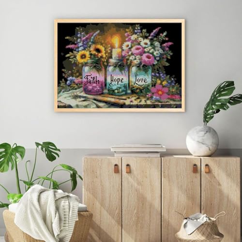 Image of MYBISYMQQ Faith,Hope,Love Cross Stitch Kits, Stamped Cross Stitch Kit for Adult Beginners, Full Line DIY Cross Stitch Stitching Kit for Home Decor Cross Stitch Patterns 15.7x11.8 inches