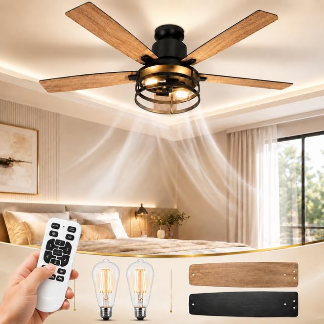 Rosnek Ventilateur Plafond avec Lumière et Télécommande, Ventilateur Silencieux en Cage 132 cm, 6 Vitesses & Minuterie, Moteur DC Réversible, 5 Pales en Bois Réversibles pour Chambre Salon Terrasse