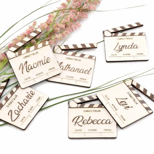 Lot de 6 marques places clap de cinéma prénoms personnalisés en bois, cérémonie mariage, star, film, tapis rouge, événement, anniversaire