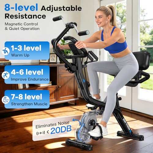 Image of pooboo Folding Exercise Bike, Foldable Upright Stationary Bike, Indoor Cycling Magnetic X-Bike with 8-Level Adjustable Resistance, 6.6 LBS Flywheel, 300LB Capacity, Back Support Cushion for Home Gym