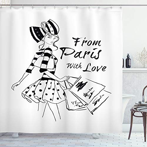 ABAKUHAUS Paris Rideau de Douche, l'amour Girl Fashion, Tissu Ensemble de Décor de Salle de Bain avec Crochets, 175 cm x 200 cm, Noir Blanc