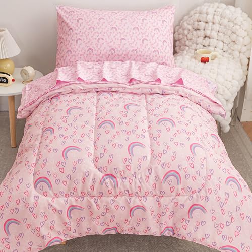Image of Viviland Toddler Comforter Sets, 4 Pieces Bedding Sets, Rainbow Heart | Microfiber Pink Bed Set, Girls, Breathable & Soft, Comforter, Bed Sheet, Fitted Sheet and Pillowcase, Machine Washable