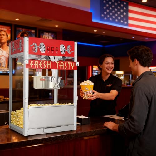 Image of Commercial Popcorn Machine - Countertop 38OZ Kettle Popcorn Machine for Theater Style, Stainless Steel, 3-Switch Control, for Business, School, Corporate,Institutional, Movie, Home use, Red