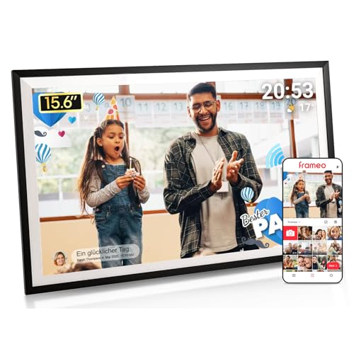 Frameo Digitaler Bilderrahmen 15 6 Zoll Full-HD - WLAN Touchscreen mit App-Steuerung Videos mit Ton 32GB Speicher Geschenk für Mama Eltern und Großeltern