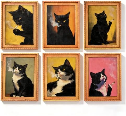 YOKUSHI 6 Pcs Funny Black Cat Smoking Fridge Magnets, Vintage Ren...