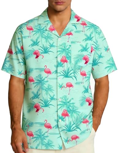 EoBeKee Mens Hawaiian Shirt Short Sleeve Button Down Flamingo Print Tropical Casual Beach Shirts for Summer Party Vacation