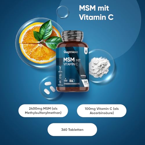 MSM Tabletten - 2400mg mit 100mg Vitamin C - 360 vegane Tabletten für 6 Monate Vorrat - Methylsulfonylmethan & Vit C - Alternative zu MSM Pulver & Kapseln - Frei von Magnesiumstearat - WeightWorld
