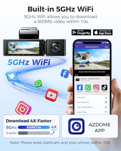 Image of AZDOME M550 Pro5G WiFi 3Channel Dash Cam for Car Built-in GPS, 4K+1080P Dual Dashcam for Front and Rear 1440P+1080P, 512GB, 3.19 inch IPS Screen, IR Night Vision, 24H Parking Mode - Car Accessories