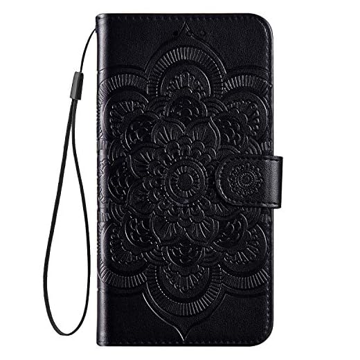 Felfy Kompatibel med Huawei P30 Lite skal svart mandala blomma prägling skyddshölje PU läder och silikon mobiltelefonfodral magnetisk flip fodral konstläder flip-fodral läderfodral fodral med kortfack
