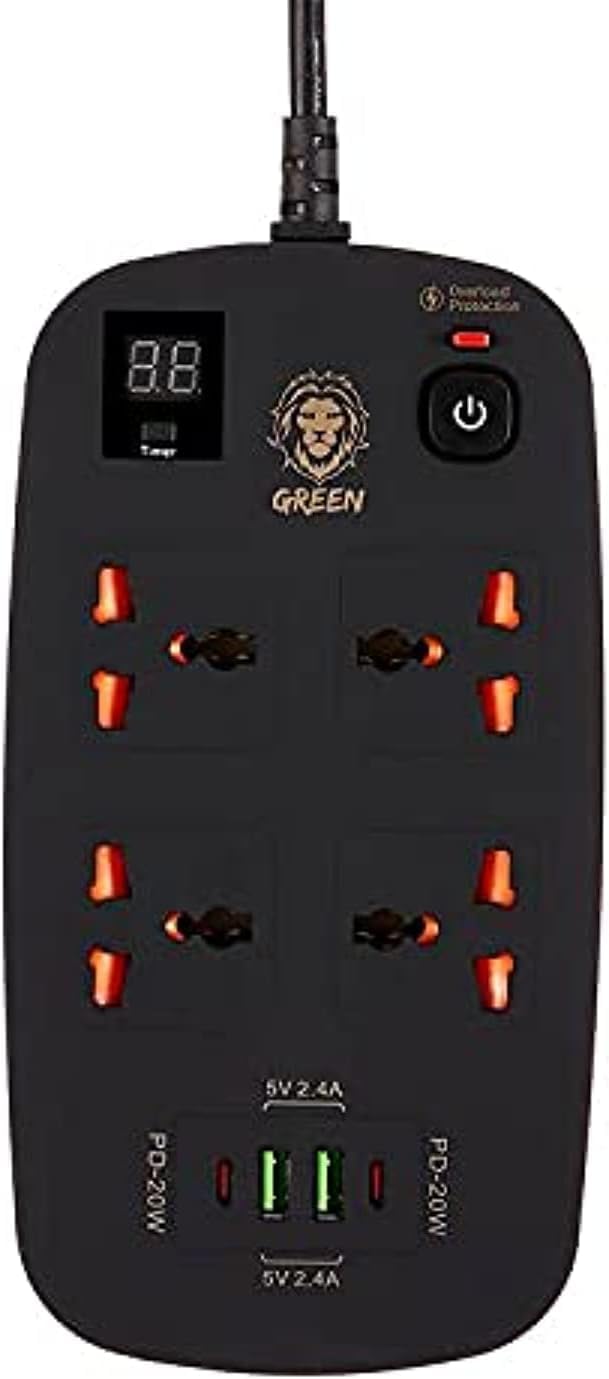 Green Lion4 AC 2 USB & 2 USB-C PD 40W Multiport Smart Power Socket 3500W (3M), USB Quick Charge Socket, PC + Copper Product material, (Black)