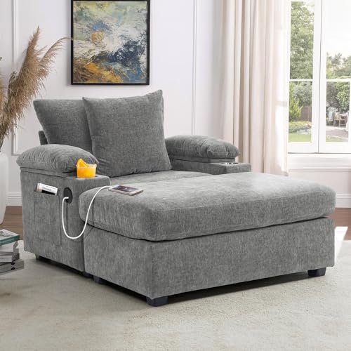 Oversized Chaise Lounge Chair Indoor with Storage, Chaise Lounge Reading Chair and Ottoman, Sleeper Sofa with USB & Cup Holder, Modern Deep Seat Sofa for Living Room, Bedroom (Grey)