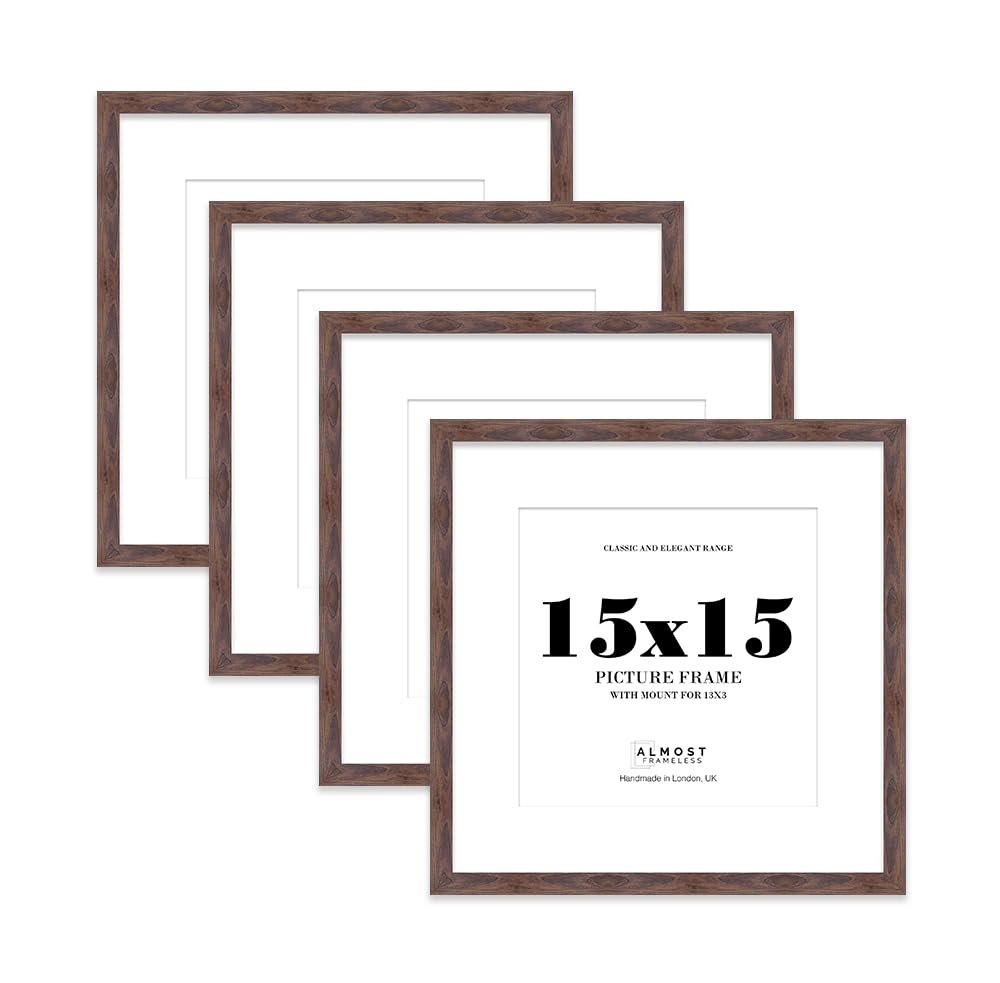 15x15 Walnut Picture Frame with Mount for 13x13 Photos, Prints - Modern Square Wall Frame, Set of 4