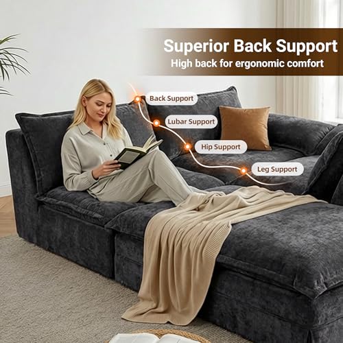 Image of Claiks 123 inch Modular Boneless Couch, L Shaped Couch for Living Room, Modern Deep Seat Sofa 3 Seater Chenille Fabric Comfy Cloud Couches with Movable Ottoman, Dark Grey