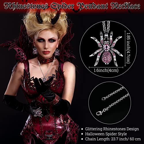 Cunno 3 Sets Halloween Costume Spider Jewelry Accessories with Crystal Rhinestones Creepy Spider Pendant Necklace Dangle Earrings Stretch Rings Gothic for Women2
