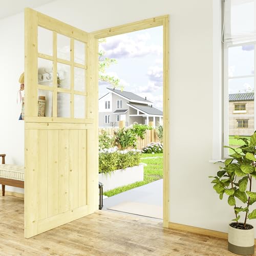36"x80" Dutch Door, Interior Solid Pine Swinging Dutch Door, 1.75" Thick with 9 Lite Clear Glass and Half Panel, House Exterior Slab for Patio, Front, Farm (4 Hinges + 1 Latch + 1 Slab)