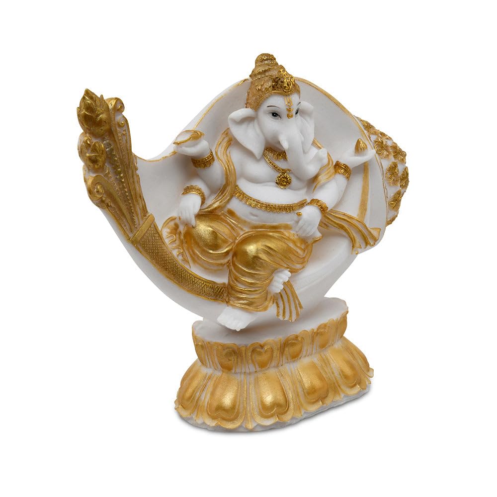 @home Ganesha On Shankh Polyresin Showpiece Decoration, Office, and Gifting |White and Gold by, Fantasy, 28 Cm, 28 Cm 1